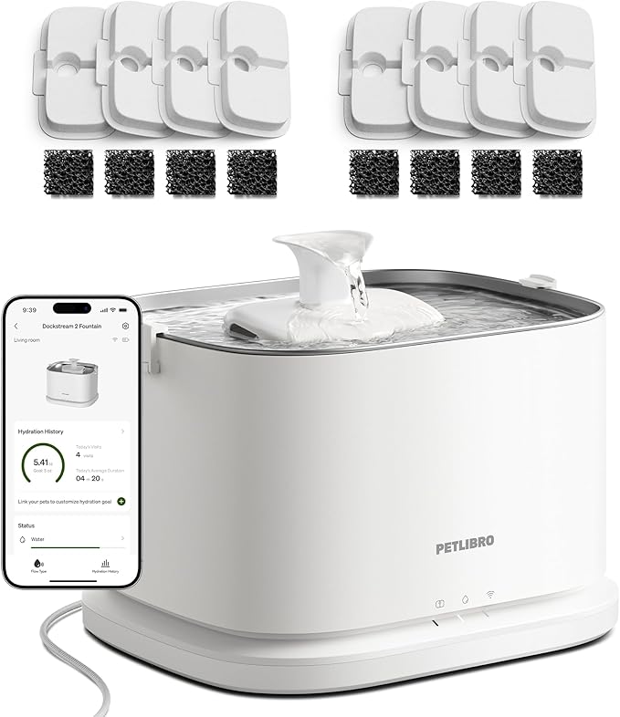 PETLIBRO Upgrade Cat Water Fountain + 8 Packs Filters, Dockstream 2 Smart App Monitoring Pet Water Fountain for Cats Indoor, 3L/101oz Cat Fountain Stainless Steel Tray for Drinking, 5G WiFi