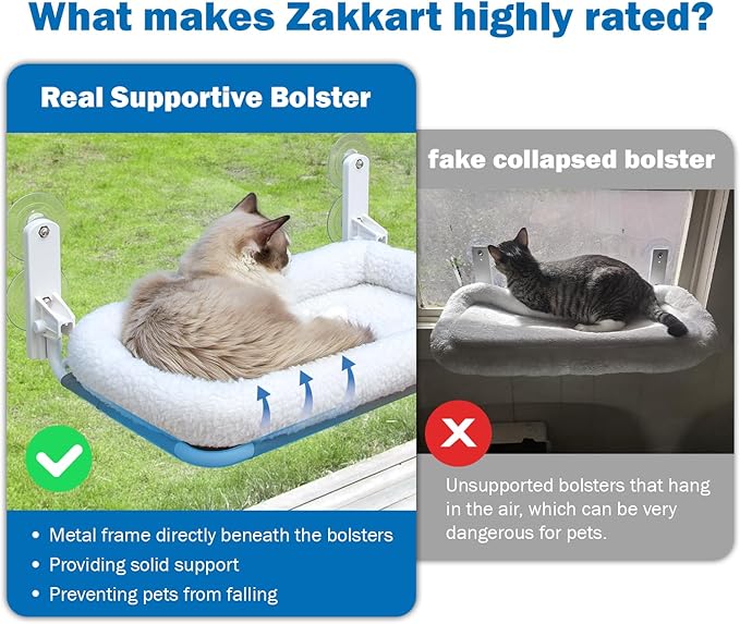 Zakkart Foldable Cat Hammock for Window - Cordless, Embeded Machine Washable Bed, Robust Metal Frame - Cat Window Perch for Large Cats and Kittens (White Bolster Bed, Medium)
