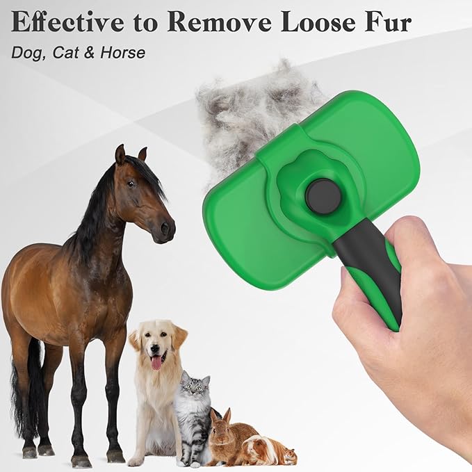 Self Cleaning Deshedding Brush for Dogs & Cats - Skin Friendly Grooming Tool with Hair Removal for Haired Pets, Green