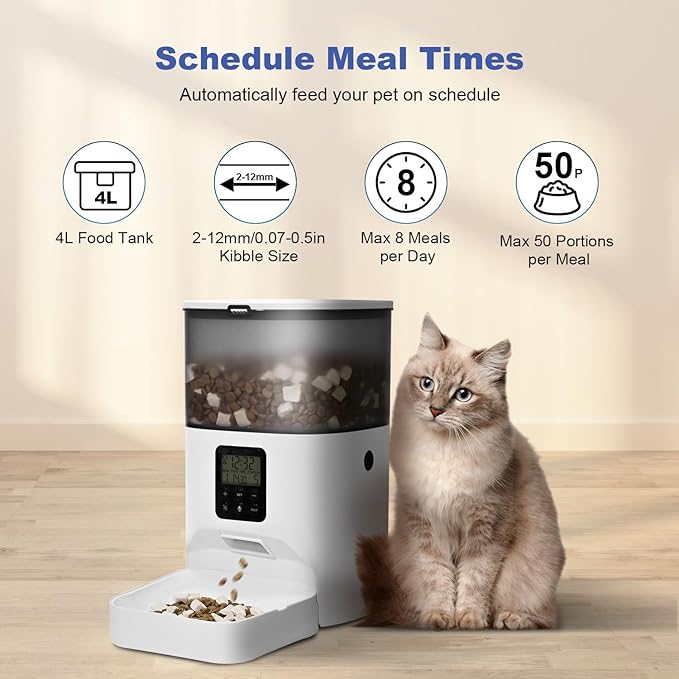 Automatic Cat Feeder, 4L Cat Food Dispenser with 10s Voice Recorder, Pet Feeder up to 8 Meals per Day, Timed Dog Feeder with Dry Food Sealed Ring (White, 4L-Basic)