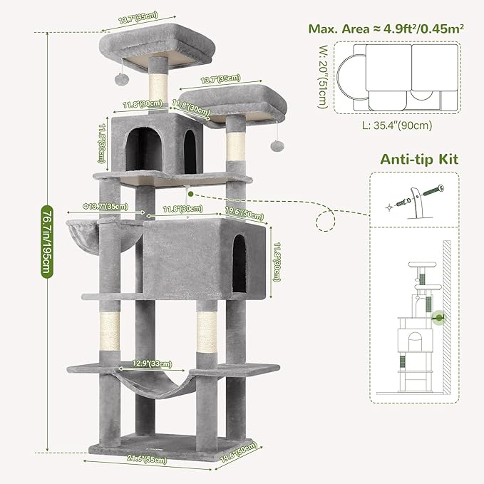 Globlazer Cat Tree Tower, 76-Inch Extra Tall Multi-Level Cat Furniture with Cozy Condos, Hammock and Perches for Adult Cats, Perfect for Climbing, Scratching, and Play, F76, Light Grey