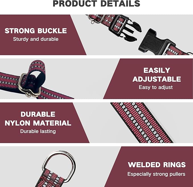 Hikiko Martingale Dog Collars Reflective Nylon Dog Collar with Quick Release Buckle Adjustable Training No Slip Dog Collar (Large, Burgundy)