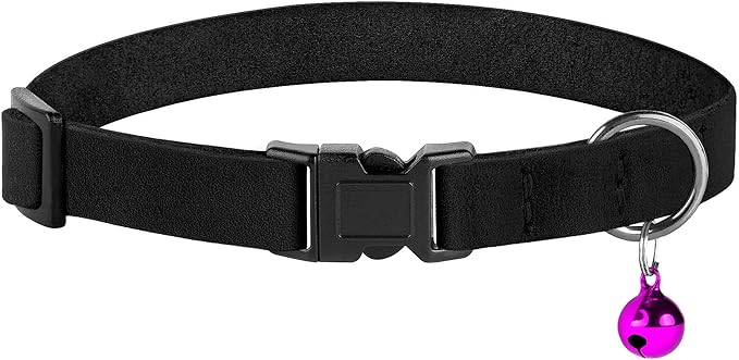 Breakaway Cat Collar Leather with Removable Bell - 13 Colors Available - Soft Adjustable Girl Boy Safety Lightweight Pet Kitten Collars Pink Brown Blue Green Red Orange Black (Black)