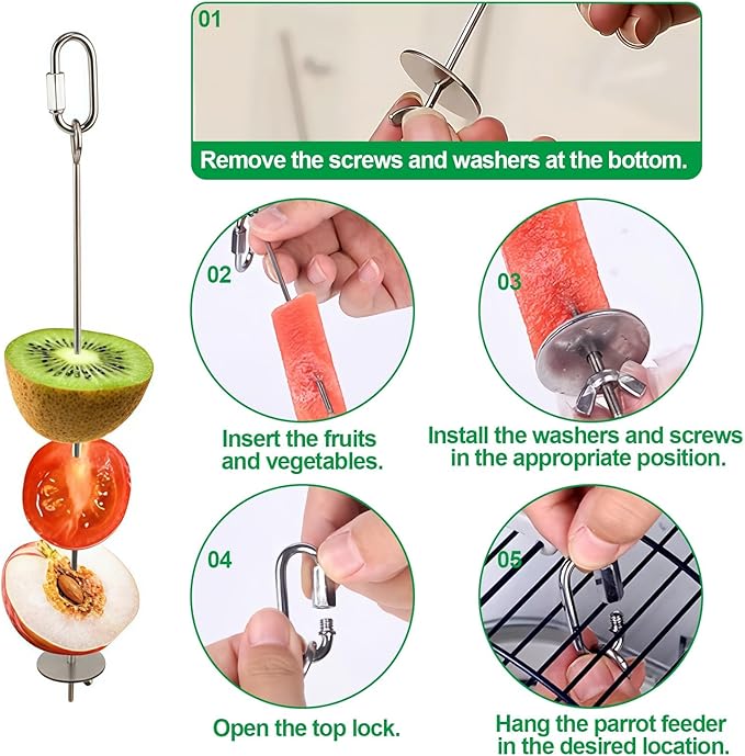 2 Pcs Bird Cage Food Holder Stainless Steel Parrot Fruit & Vegetable Skewer Hanging Foraging Toy for Parakeets, Budgies, Macaws