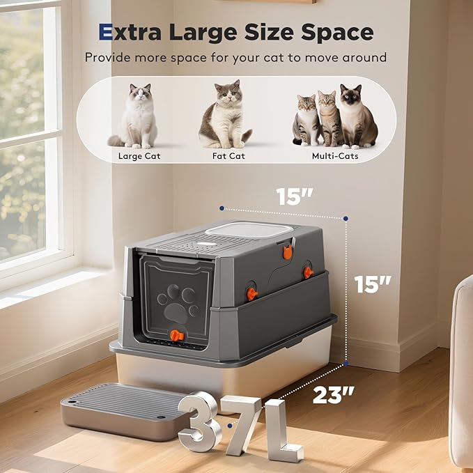 FURTIME Stainless Steel Litter Box with Lid, Large Enclosed Cat Litter Box for Big Cats, Metal Cat Box with High Sided Enclosure & Scoop, Front & Top Entry, Odor Free, Anti-Leakage, Grey