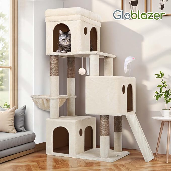 Globlazer Cat Tower for Multiple Indoor Cats, 52 inch Heavy Duty Cat Tree with 3 Condos, Plush Cat Condo with Scratching Posts and Pad for Adult Cats Kitten, Padded Top Perch, Basket Bed, F52B, Beige