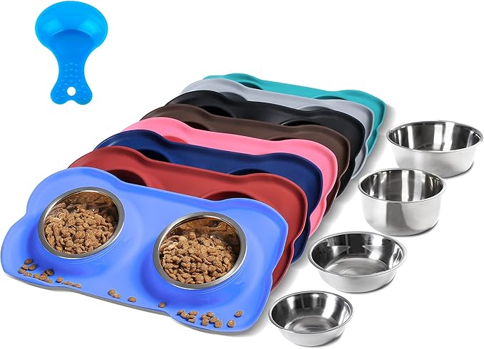 Hubulk Pet Dog Bowls 2 Stainless Steel Dog Bowl with No Spill Non-Skid Silicone Mat + Pet Food Scoop Water and Food Feeder Bowls for Feeding Small Medium Large Dogs Cats Puppies (Small, Blue)
