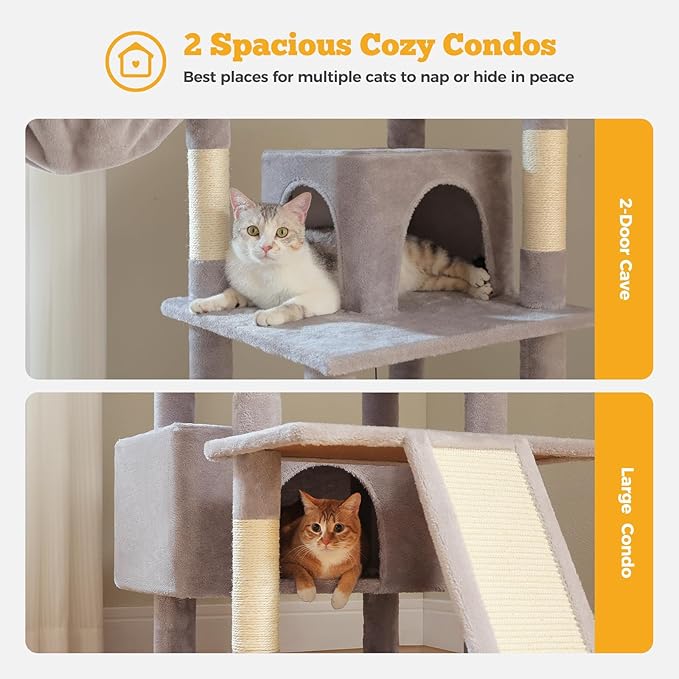 81" Heavy Duty Cat Tree for Large Cats up to 20lbs - Extra Tall Cat Tower with Metal Frame Hammock, 6 Sisal Scratching Posts, 2 Perches - Indoor Cat Furniture for Maine Coon, Big Cats, Gray