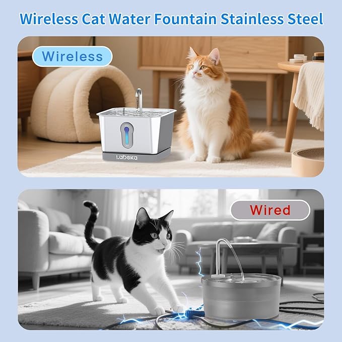 Stainless Steel Cat Water Fountain 135oz/4L:Battery Operated Wireless Cat Fountains for Drinking Indoor, Automatic Pet Water Dispenser with Ultra Quiet Pump,Multi-Filtration(2Filters)