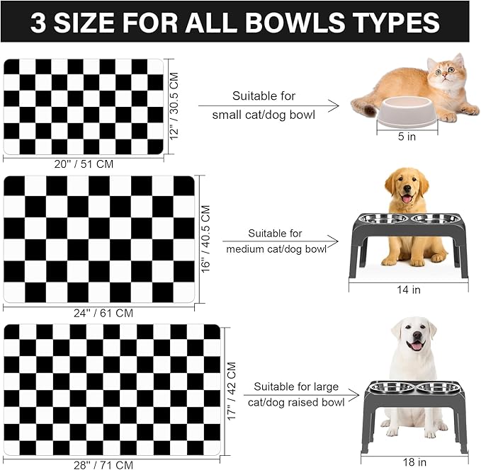 Cat Food Mat - 12"x 20" Cat Dog Mats for Food and Water Bowl, Checkered Pet Placemat Feeding Mat, Non-Slip Under Pet Bowls Mats for Messy Drinkers, Black & White
