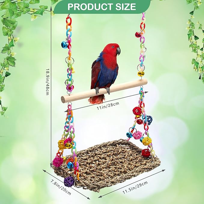 Bird Swing Mat with Wood Perch, AHIER Seagrass Bird Hammock for Conures with Chewing Toy for Parakeets, Budgie, Cockatiel, Lovebird Cage Accessories