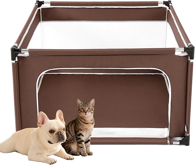 EHEYCIGA 42x42x26 Inches Puppy Playpen Without Top Cover for Dogs & Cats Indoor or Outdoor - Dog Playpen with Door, Dog Fence for Small Animal with Heavy-Duty Oxford & Steel Frame, Brown