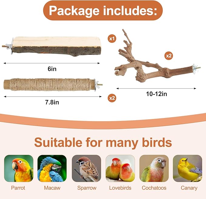 Bird Perch Stand, Pole Standing Natural Wood Bird Perch Set 5PCS Paw Grinding Fork Parrot Cage Branch with Rope for Macaw African Grey Amazon Pet Medium Birds Cage Accessories