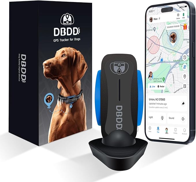 Dog GPS Tracker, Smart Waterproof Tracker with Real-Time Location, Escape Alerts, Activity Monitor, iOS & Android Compatible, for Dogs 40 lbs+ (Black)