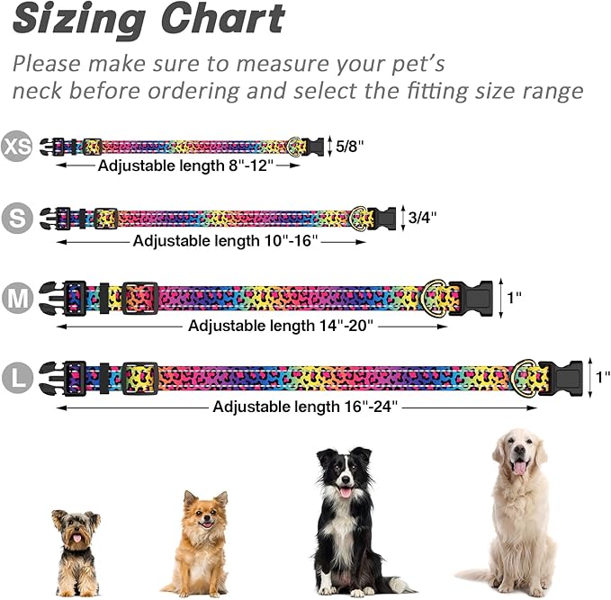 Reflective Dog Collar for Medium Dogs, Cute Leopard Style Adjustable Heavy-Duty Nylon Puppy Collar for Boy and Girl Female, Soft Pet Accessories with Quick Release Buckle, Neon