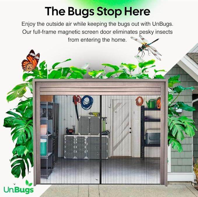 UnBugs Garage Screen Doors for 1 Car Garage - Fits Single Garage Doors up to 9 Feet Wide x 7 Feet Tall MAX - Pet & Kid Friendly, Self-Closing - Hands Free Magnet Closure Keeps Bugs Out & Breeze in