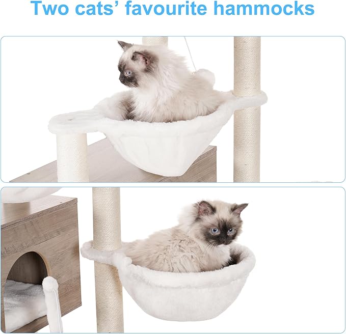 Hey-brother Cat Tree with Litter Box Enclosure, Modern Cat Tower for Indoor Cats with Large Platform, Condo Food Station and 2 Hammocks, All-in-one Cat Furniture, Wood Rustic Gray MPJ115SG