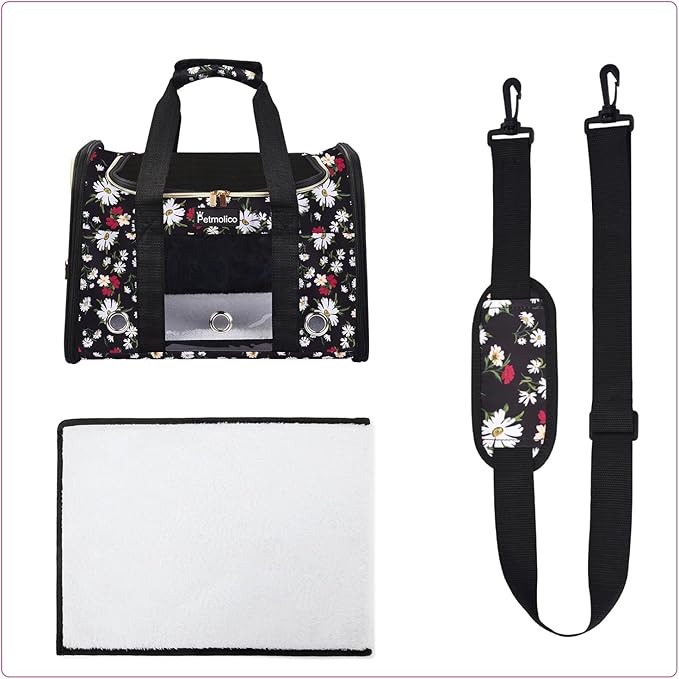 Petmolico Cat Carrier Dog Carrier, Airline Approved Soft Pet Travel Carrier with 3 Open Doors Mesh Windows for Cats Puppy 16 lbs, White Daisy