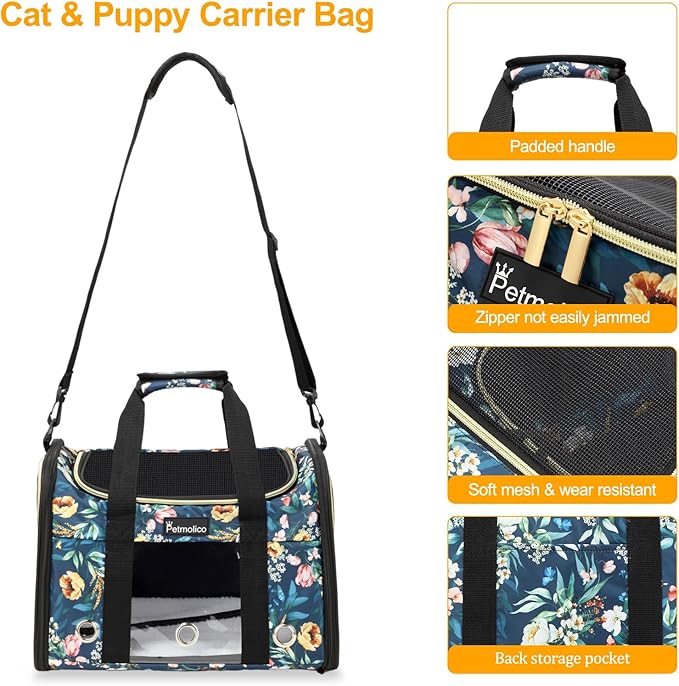 Petmolico Cat Carrier Soft-Sided Pet Bag for Small Medium Cats Puppies 16LBs - Airline Approved Pet Travel Carrier 3 Open Doors (Medium,Green Peony)