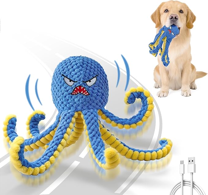 Interactive Dog Toys Octopus,Durable Automatic Jumping Dog Toy to Keep Them Busy,Squeaky Moving Tug of War Doggie Toy,USB Rechargeable,Not for Aggressive Chewers (Blue)