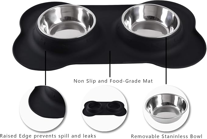 Hubulk Pet Dog Bowls 2 Stainless Steel Dog Bowl with No Spill Non-Skid Silicone Mat + Pet Food Scoop Water and Food Feeder Bowls for Feeding Small Medium Large Dogs Cats Puppies (S, Black)