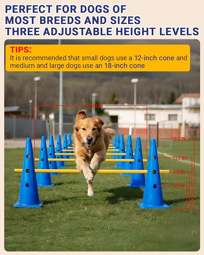 Dog Agility Course Backyard Set, Dog Agility Hurdle Cone Set with Height Adjustable Crossbar for Rehabilitation & Beginners, Dog Agility Equipment for Dog Obstacle Course - 18 Inch