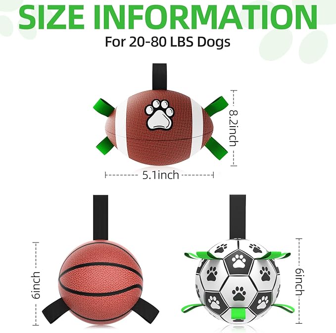 QDAN Dog Soccer Ball Football Basketball Set - 3 PCS Dog Balls with Strap for Tug of War, Soccer Ball Football Toys for Small Medium Large Dogs, Herding Ball for Dogs, Dog Birthday Toy