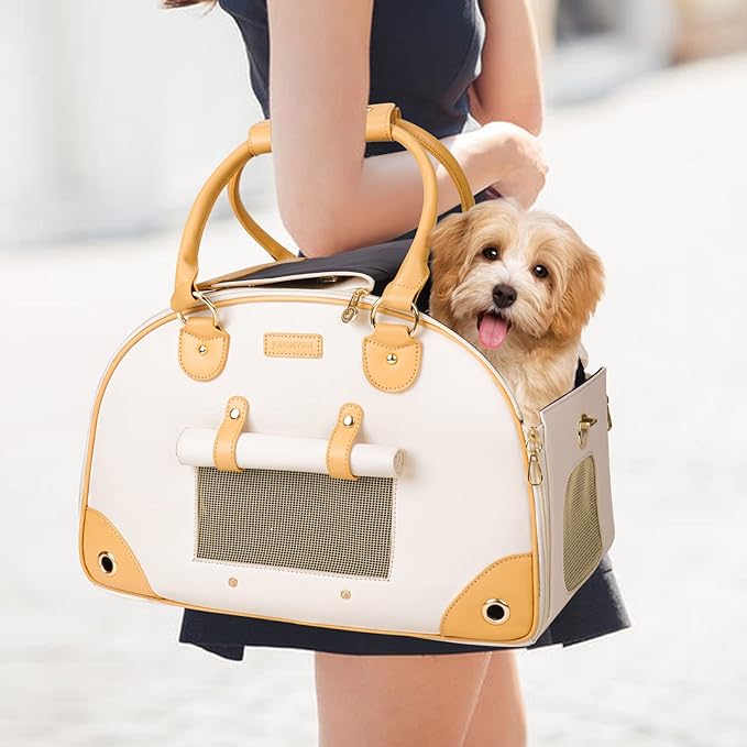 Foldable Premium PU Leather Dog Purse - Portable Pet Carrier Tote Bag for Small to Medium Cats and Dogs (Creamy White - Small)