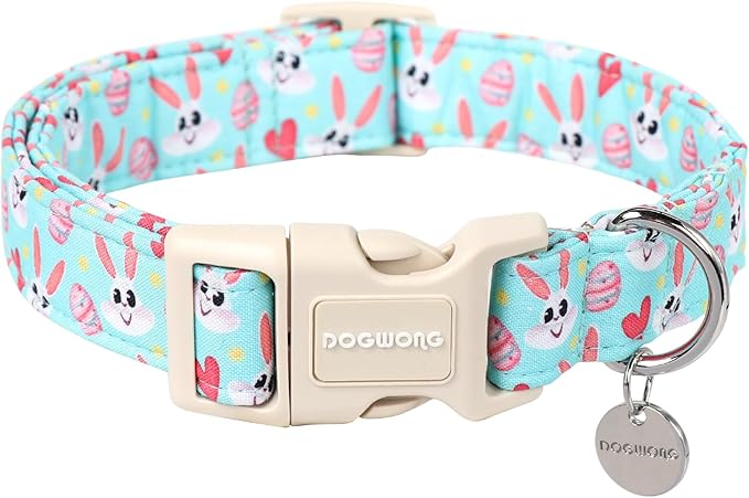 DOGWONG Easter Dog Collar, Blue Bunny Egg Dog Collar Soft Durable Adjustable Costume Cute Rabbit Easter Puppy Collar for Small Medium Large Dog