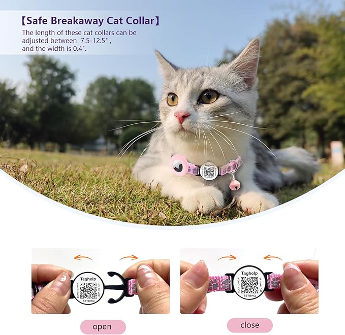 Airtag Cat Collar Breakaway with Bell & Reflective Design - Cute Paw Print Kitten Collar with Apple Airtag Holder & Safety Buckle - Perfect Pet Supplies, QR Code & Gifts for Girl & Boy Cats (Pink)