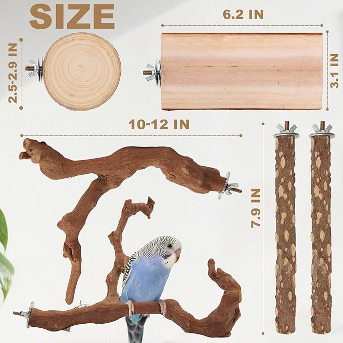 Parrot Perch Bird Perch Stand Set Natural Wild Wood Grape Sticks Paw Grinding Fork Parakeet Climbing Standing Branches Toys Cage Accessories for Conure,Cockatiels Lovebirds,Budgies Chewable 6PC