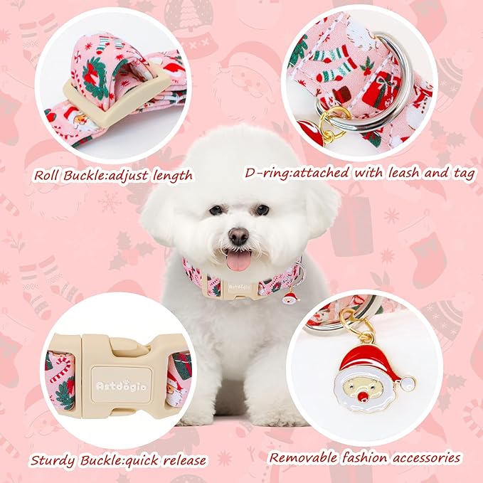 Pink Christmas Dog Collar, Adjustable Cotton Dog Collars with Santa & Snowman Patterrn, Holiday Dog Collars for Small Dogs, Cute Winter Collar for Girl Boy Dogs-S