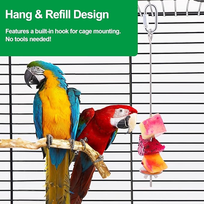 2 Pcs Bird Cage Food Holder Stainless Steel Parrot Fruit & Vegetable Skewer Hanging Foraging Toy for Parakeets, Budgies, Macaws