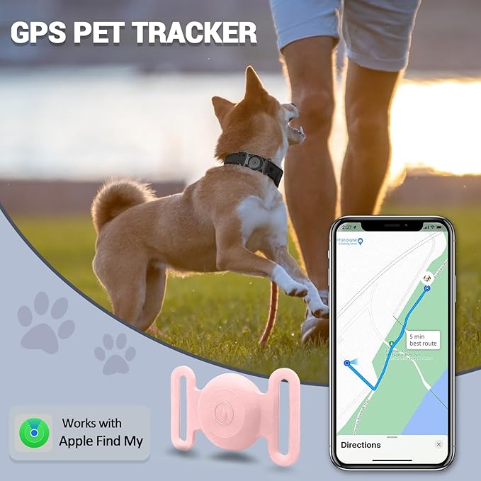 GPS Tracker for Dogs, Mini GPS Cat Tracker, IPX8 Waterproof GPS Tracker for Cats with Holder, No Monthly Fee, Work with Apple Find My(iOS Only), Smart Trackers for Dogs Finder Trackers Pets(Pink)