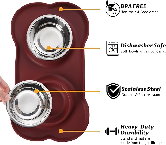 Hubulk Pet Dog Bowls 2 Stainless Steel Dog Bowl with No Spill Non-Skid Silicone Mat + Pet Food Scoop Water and Food Feeder Bowls for Feeding Small Medium Large Dogs Cats Puppies (X- Large, Burgundy)