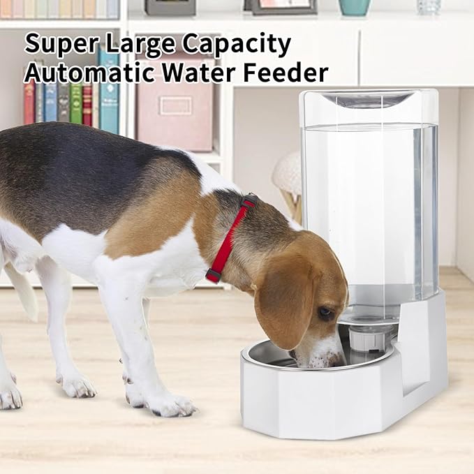 Sfozstra Automatic Pet Water Dispenser: 8L White Gravity Stainless Steel Water Bowl - with Specialized Brush - Angular Water Feeder for Senior Pet Dogs with Neck Pain Relief in Living Room Bedroom
