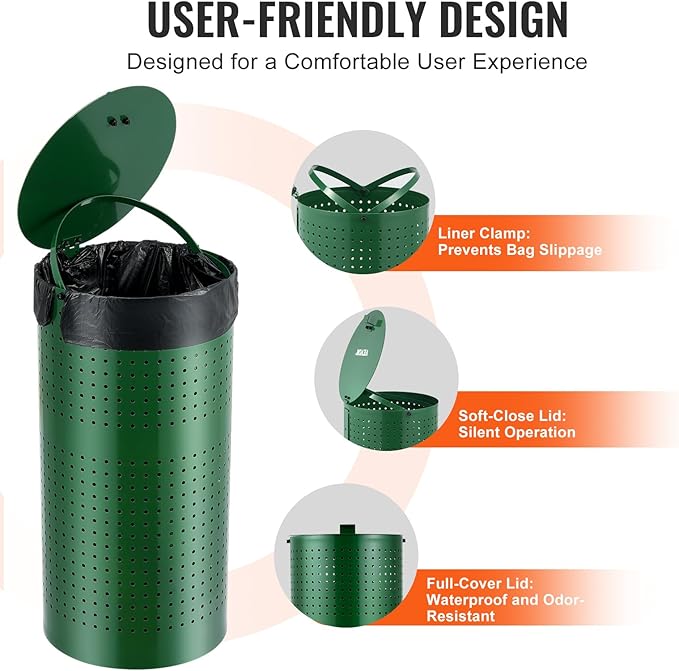 VEVOR Dog Poop Trash Can With 50 Liner Bags, 11.5 Gallons Outdoor Waste Bin With Lid & Liner Clip for Pet Waste Station, Disposal Container for Garden Backyard Park