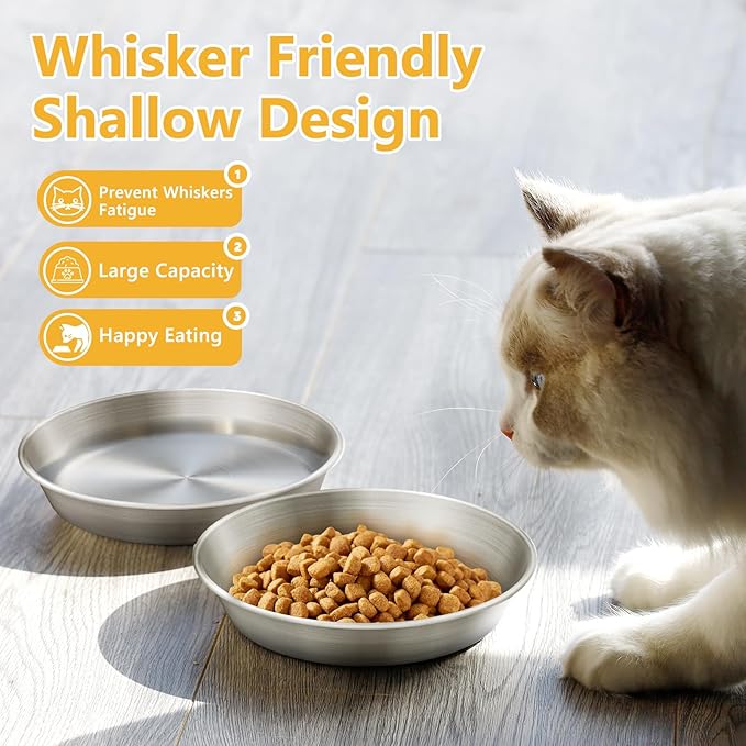 6-Pack Stainless Steel Cat Food Bowls, Shallow Whisker-Friendly Non-Slip Silicone Base Metal Dishes, Easy to Clean Indoor Water Flat Plates for Cat, Kitten, Small Dog (5.9")