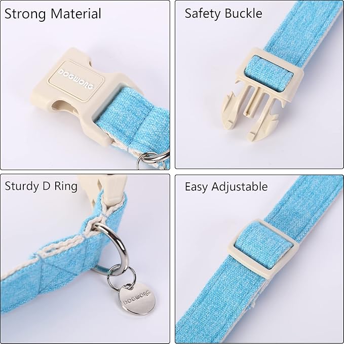 DOGWONG Cotton Hemp Dog Collar, Heavy-Duty Blue Dog Collar Adjustable Soft Natural Fabric Cute Wedding Puppy Necklace for Small Medium Large Dogs