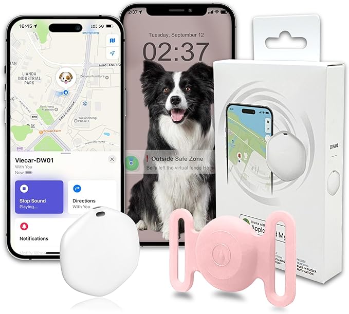 GPS Tracker for Dogs, Mini GPS Cat Tracker, IPX8 Waterproof GPS Tracker for Cats with Holder, No Monthly Fee, Work with Apple Find My(iOS Only), Smart Trackers for Dogs Finder Trackers Pets(Pink)