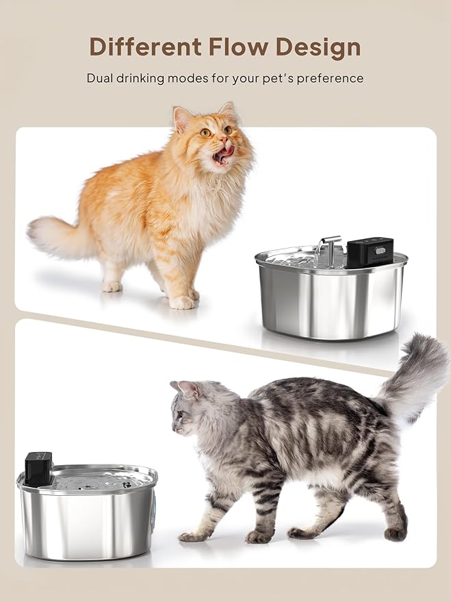 Voluas Cat Water Fountain Stainless Steel: 108oz/3.2L Wireless Cat Fountain Battery Operated for Drinking Indoor, Cordless Automatic Pet Water Dispenser Bowl with Water Level Window, BPA-Free