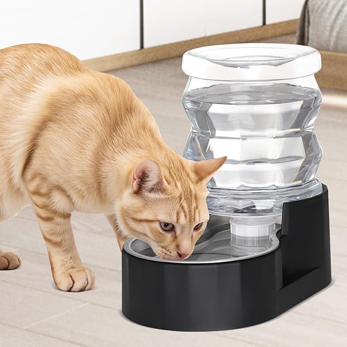 RIZZARI Automatic Gravity Pet Waterer Dispenser : 4L Black Stainless Steel Bowl Without Filter - Large Capacity Feeder for Dogs & Cats - Ideal for Kitchen - Living Room - or Hallway Use