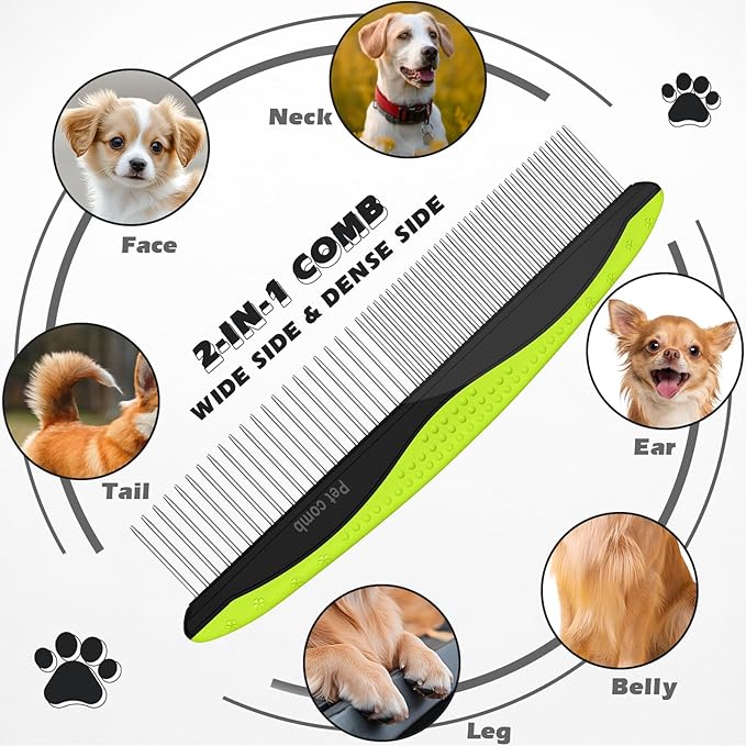 3PCS Pet Grooming Rake & Metal Comb & Flea Comb for Cats and Dogs, Double-Sided Dematting Tool, Extra-Wide Deshedding Dog Brush for Long Hair to Effectively Remove Tangles, Knots and Mats (Green)