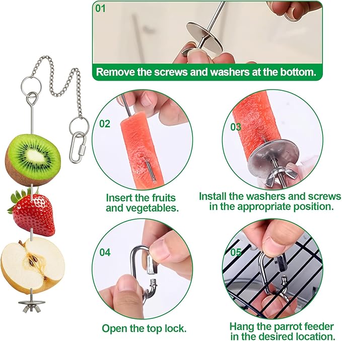 2 Pcs Chain Clauses Bird Cage Food Holder Stainless Steel Parrot Fruit & Vegetable Skewer Hanging Foraging Toy for Parakeets, Budgies, Macaws
