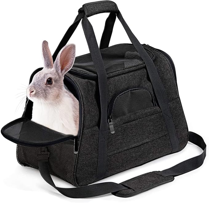 kathson Rabbit Travel Carrier Bag Airline Approved Pet Pocket Breathable Mesh Window Portable Hand Bag with Locking Safety Zippers for Small Dogs Cats Bunnies and Small Animals (Black)