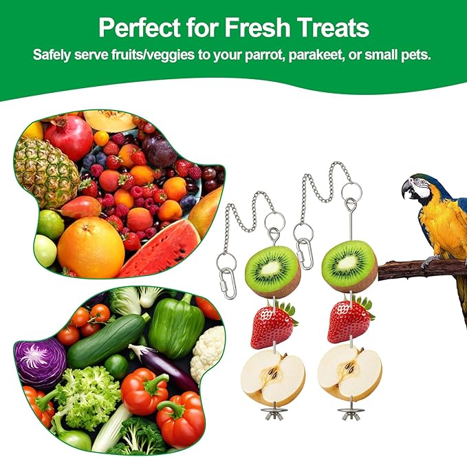2 Pcs Chain Clauses Bird Cage Food Holder Stainless Steel Parrot Fruit & Vegetable Skewer Hanging Foraging Toy for Parakeets, Budgies, Macaws