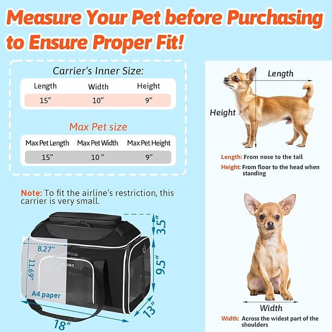 Petskd Top-Expandable Pet Carrier 18x13x9.5 Inches Southwest Airline Approved, Soft-Sided Carrier for Small Cats and Dogs with Locking Safety Zippers and Anti-Scratch Mesh(Black)