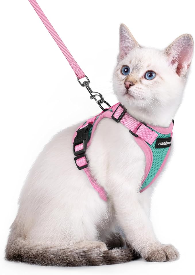 rabbitgoo Cat Harness and Leash Set, Escape Proof Soft Adjustable Vest Harnesses for Outdoor Walking, Easy Control Breathable Kitten Jacket with Reflective Strips, Green & Pink, XXS