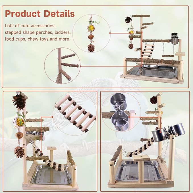Bird Playground Natural Parrot Toys Perch Stand Cockatiel Swing with Chew Toys Parrot Platform with Feeder Cups Parakeet Playground Bird Cage Play Stand for Conure Parakeet Cockatiel