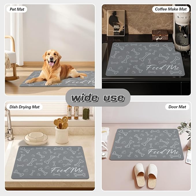 Le courant Dog Bowl Mats for Feeding, Cat Feeding Mat, Non-Slip Super Absorbent,No Stains Quick Dry Dog Water Dispenser.for Messy Drinkers.Easy Clean.Grey.Bone Printing-15.7x23.6 in